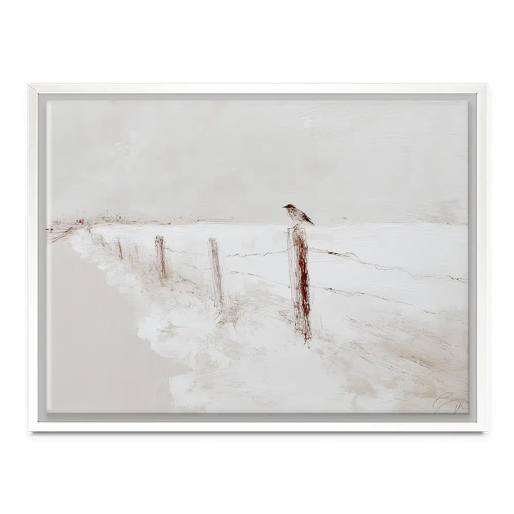 Foggy Fence Bird Canvas Print Foggy Fence Bird Canvas Print wall art product Chromatic Storm Studio