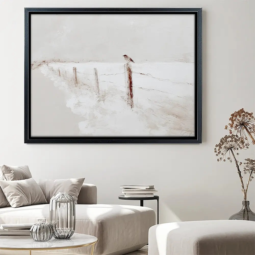 Foggy Fence Bird Canvas Print Foggy Fence Bird Canvas Print wall art product Chromatic Storm Studio