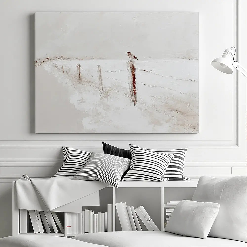 Foggy Fence Bird Canvas Print Foggy Fence Bird Canvas Print wall art product Chromatic Storm Studio