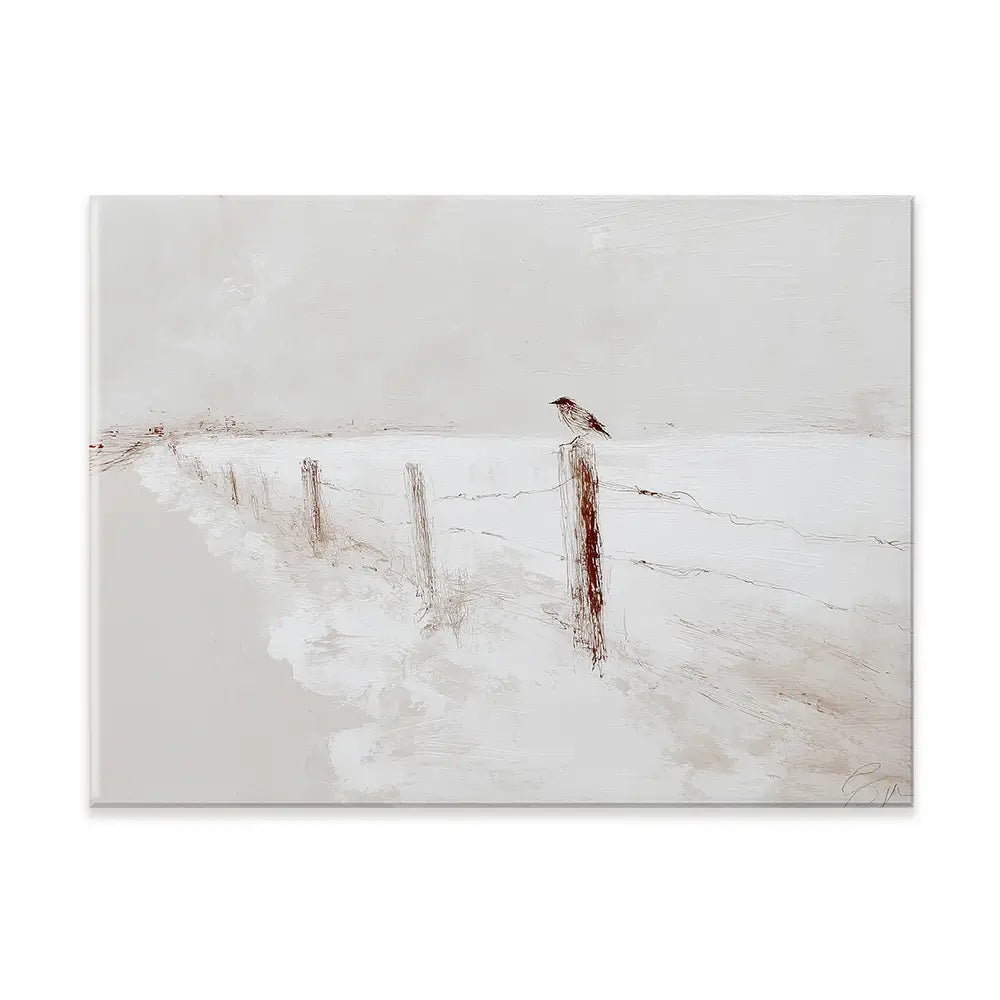 Foggy Fence Bird Canvas Print Foggy Fence Bird Canvas Print wall art product Chromatic Storm Studio