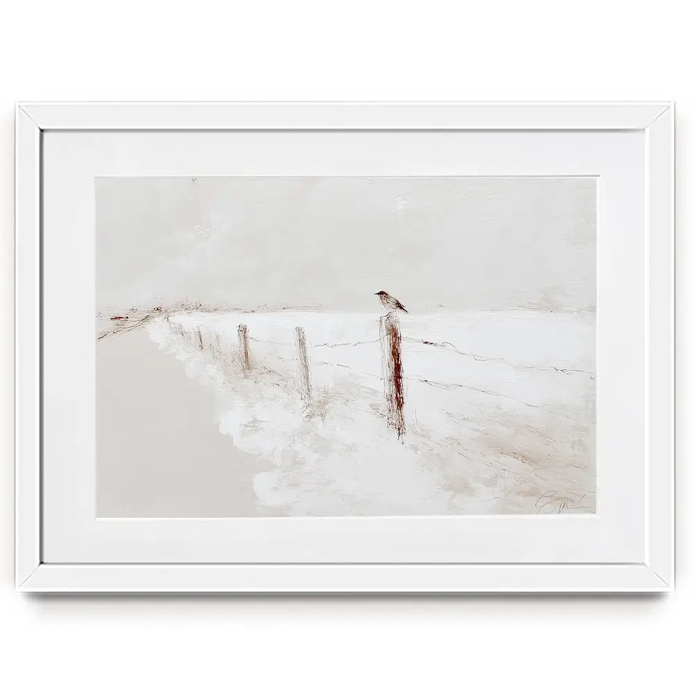 Foggy Fence Bird Framed Art Print Foggy Fence Bird Framed Art Print wall art product Chromatic Storm Studio