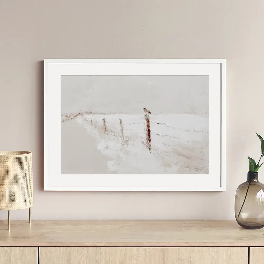 Foggy Fence Bird Framed Art Print Foggy Fence Bird Framed Art Print wall art product Chromatic Storm Studio
