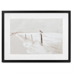Foggy Fence Bird Framed Art Print Foggy Fence Bird Framed Art Print wall art product Chromatic Storm Studio