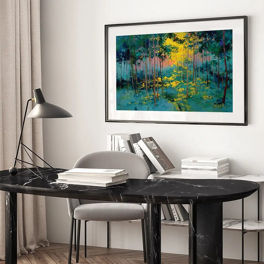 Forest Bathed In Celestial Glow Framed Art Print Forest Bathed In Celestial Glow Framed Art Print wall art product Leon Devenice