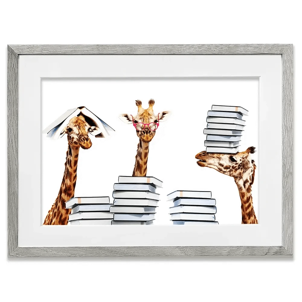 Giraffes With Books Framed Art Print Giraffes With Books Framed Art Print wall art product Sergey Novikov / Shutterstock