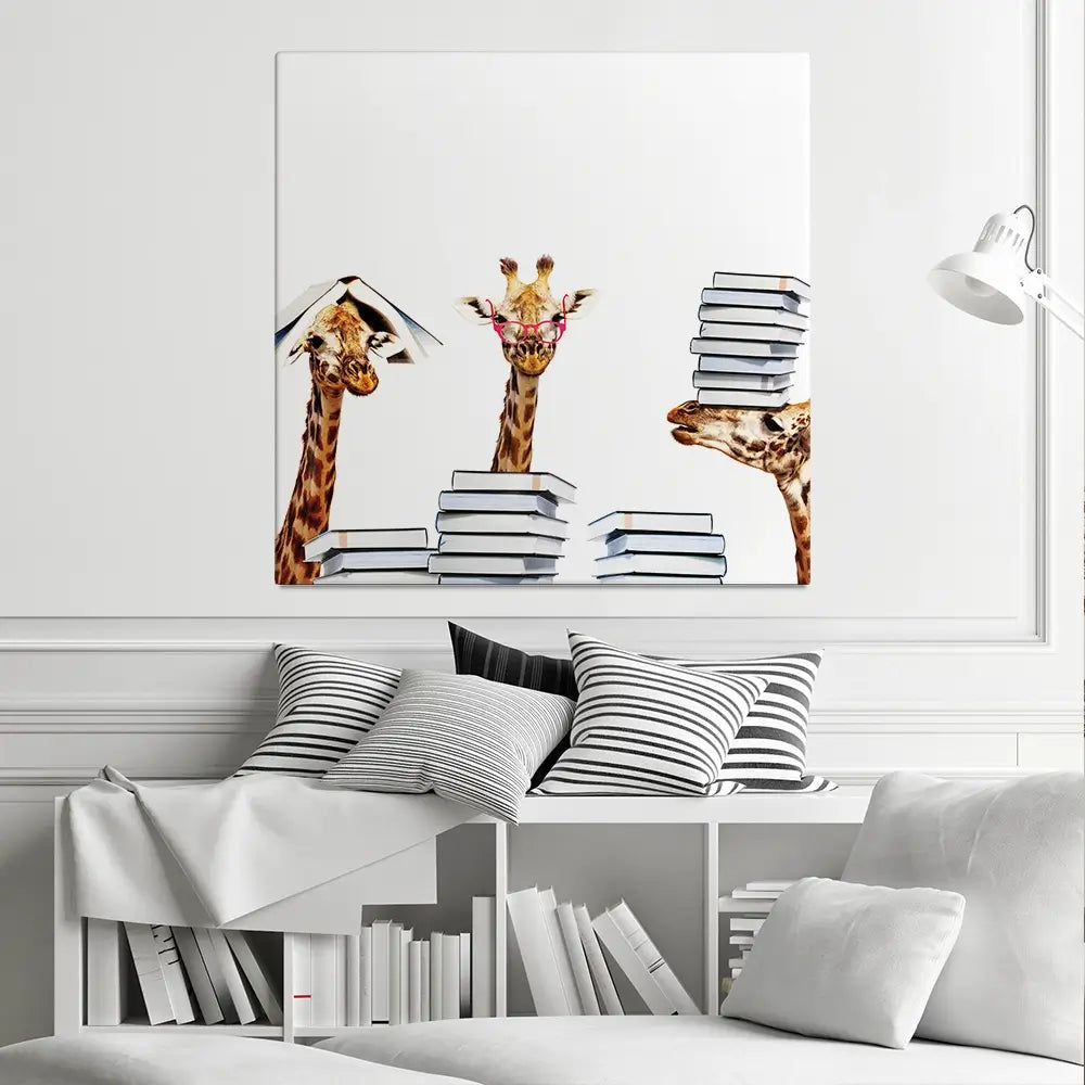 Giraffes With Books Square Canvas Print Giraffes With Books Square Canvas Print wall art product Sergey Novikov / Shutterstock