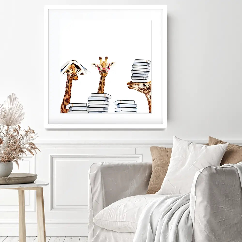 Giraffes With Books Square Framed Art Print Giraffes With Books Square Framed Art Print wall art product Sergey Novikov / Shutterstock