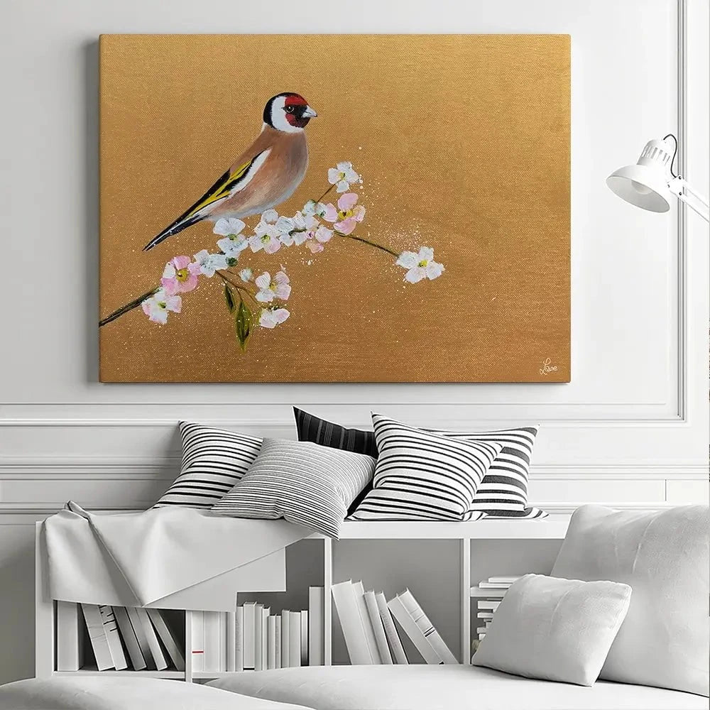 Goldfinch On Cherry Blossom Canvas Print Goldfinch On Cherry Blossom Canvas Print wall art product Laure Bury