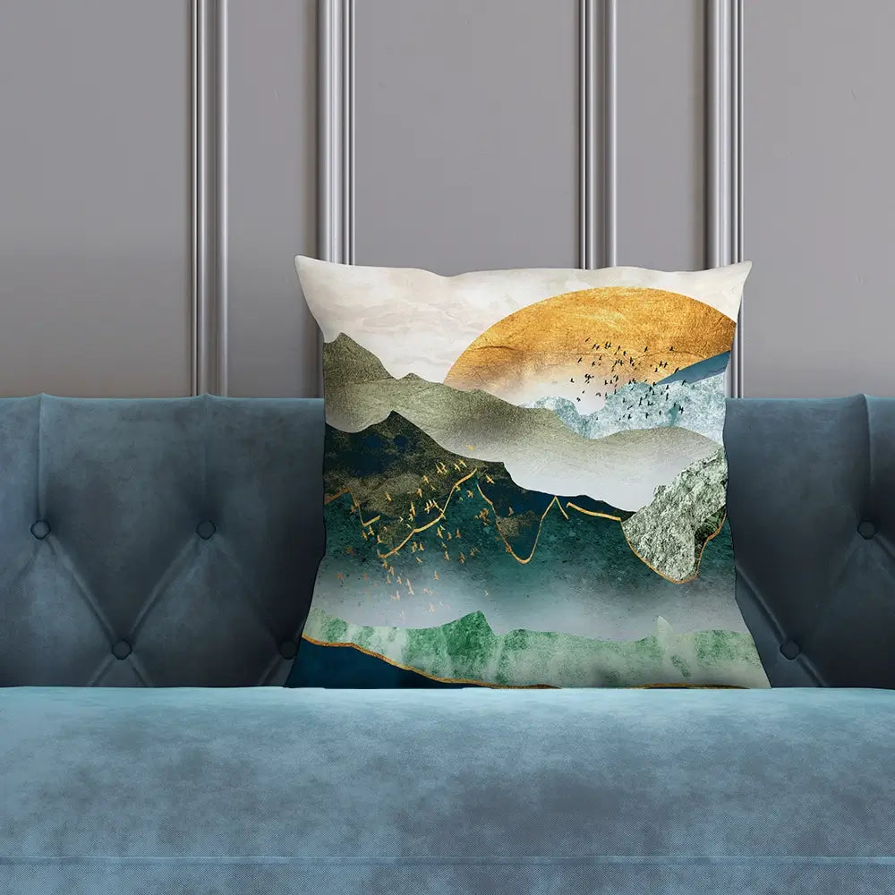 Green Golden Mountains By Sunset Cushion Green Golden Mountains By Sunset Cushion wall art product Cesar_Torres / Shutterstock