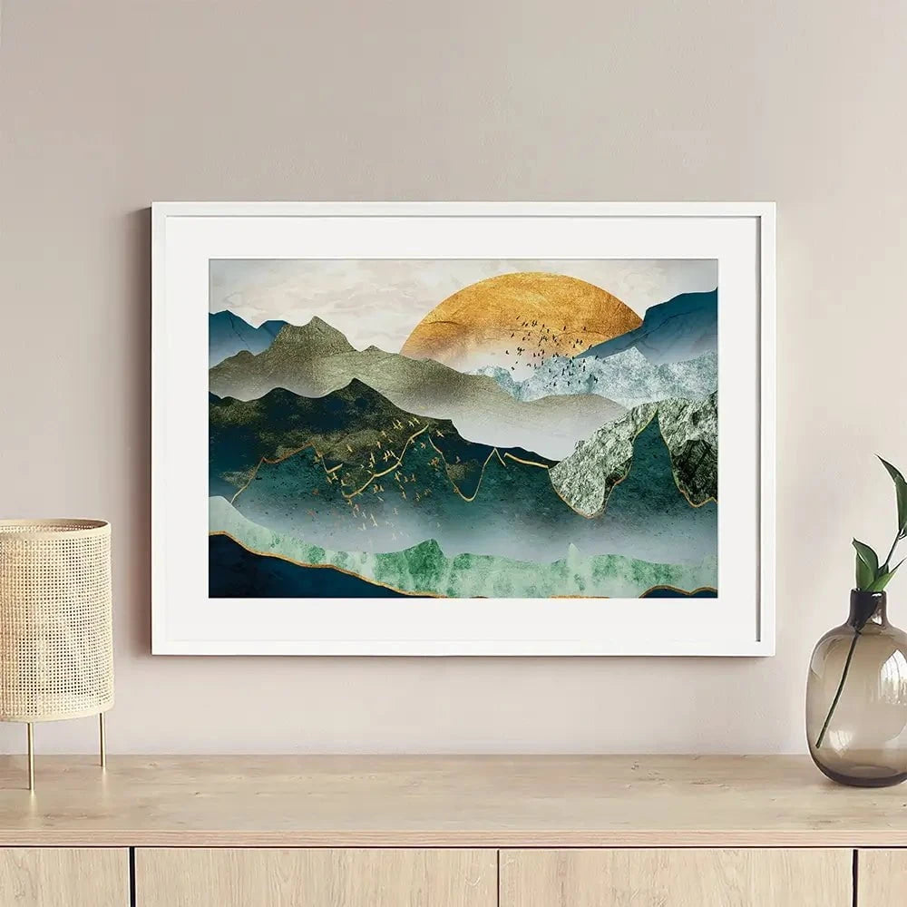 Green Golden Mountains By Sunset Framed Art Print Green Golden Mountains By Sunset Framed Art Print wall art product Cesar_Torres / Shutterstock
