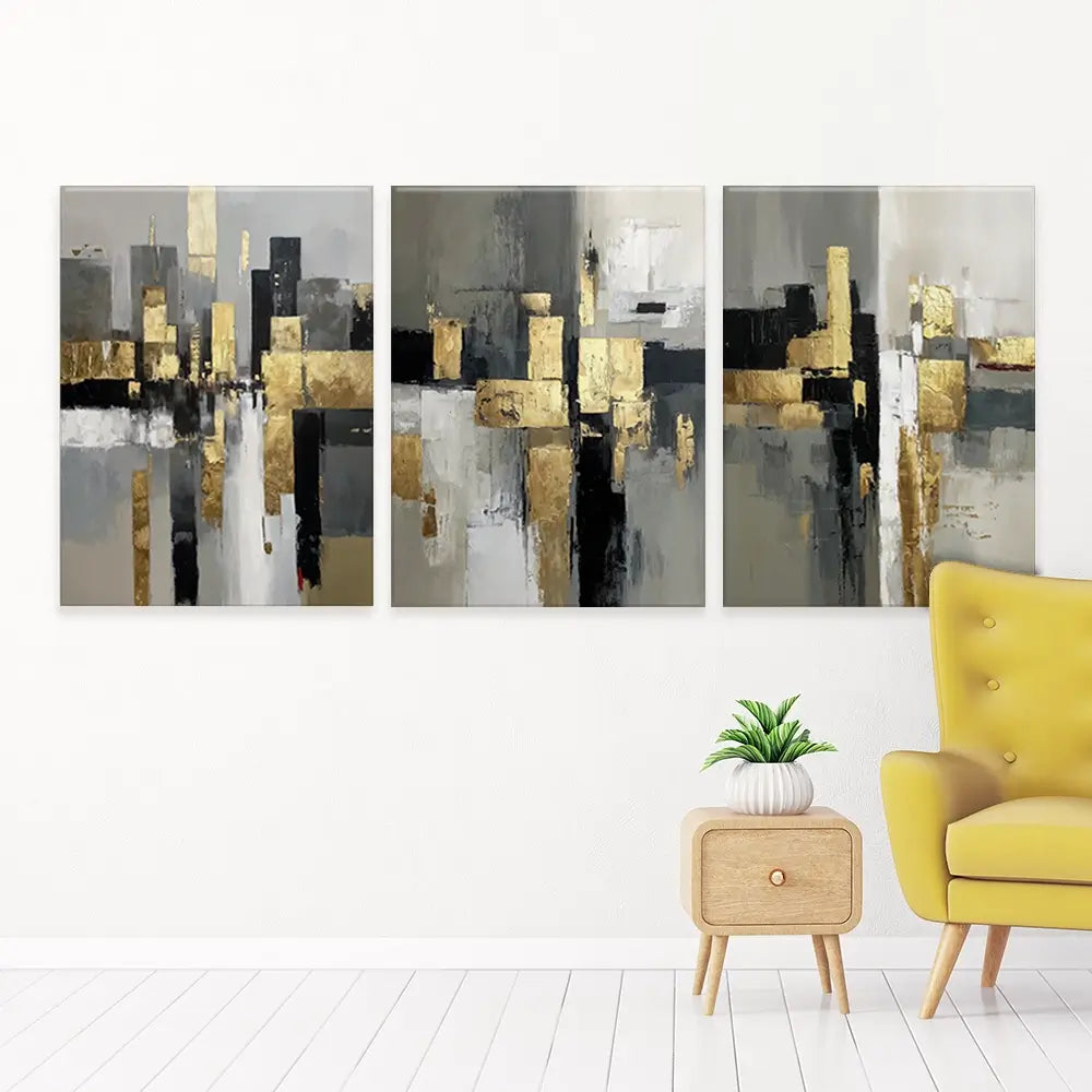 Grey Golden Geometric Trio Canvas Print Grey Golden Geometric Trio Canvas Print wall art product IAmHomeStudio