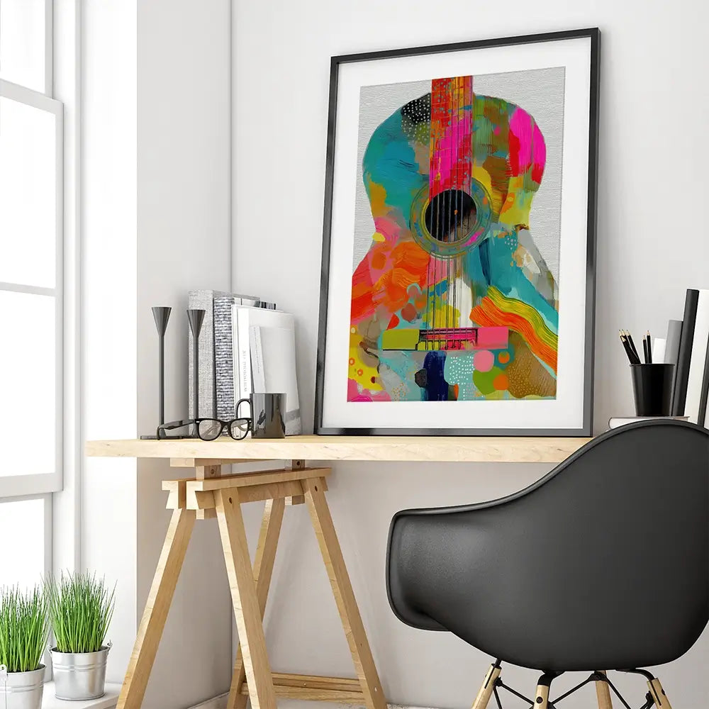 Guitar Painted In Every Colour Framed Art Print Guitar Painted In Every Colour Framed Art Print wall art product Chromatic Storm Studio