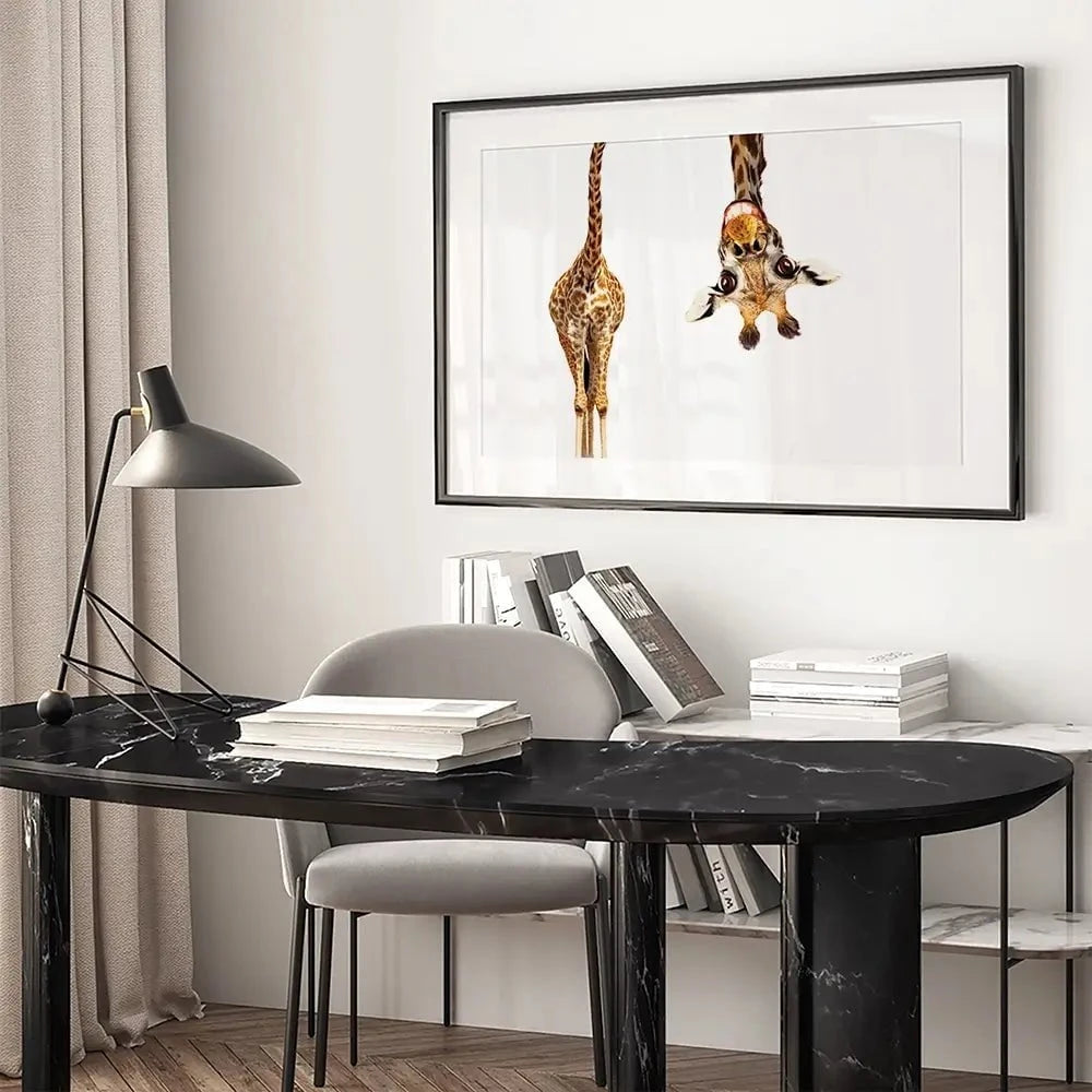 Happy Upside Down Giraffe Framed Art Print Happy Upside Down Giraffe Framed Art Print wall art product Sergey Novikov / Shutterstock