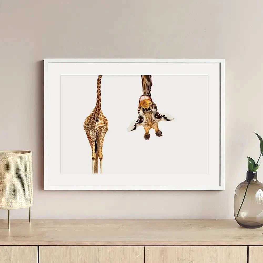Happy Upside Down Giraffe Framed Art Print Happy Upside Down Giraffe Framed Art Print wall art product Sergey Novikov / Shutterstock