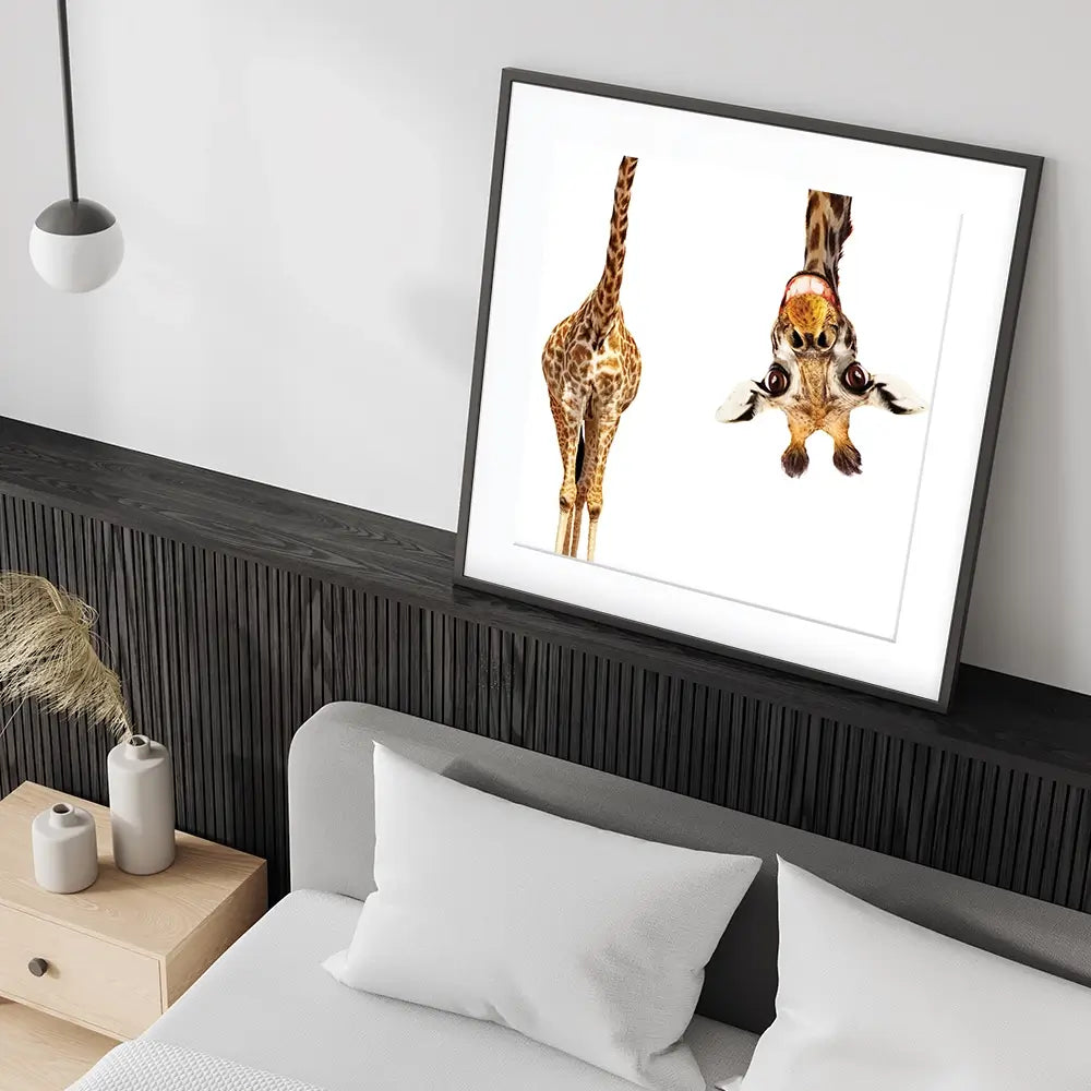 Happy Upside Down Giraffe Square Framed Art Print Happy Upside Down Giraffe Square Framed Art Print wall art product Sergey Novikov / Shutterstock