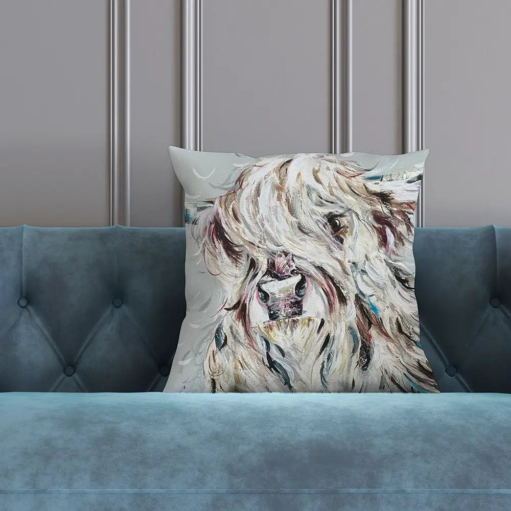 Highland Cow And Butterfly Cushion Highland Cow And Butterfly Cushion wall art product Nicola Jane Rowles