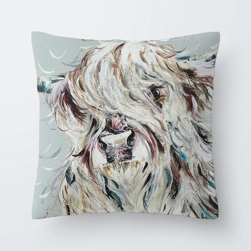 Highland Cow And Butterfly Cushion Highland Cow And Butterfly Cushion wall art product Nicola Jane Rowles