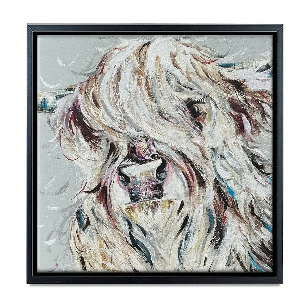 Highland Cow And Butterfly Square Canvas Print Highland Cow And Butterfly Square Canvas Print wall art product Nicola Jane Rowles