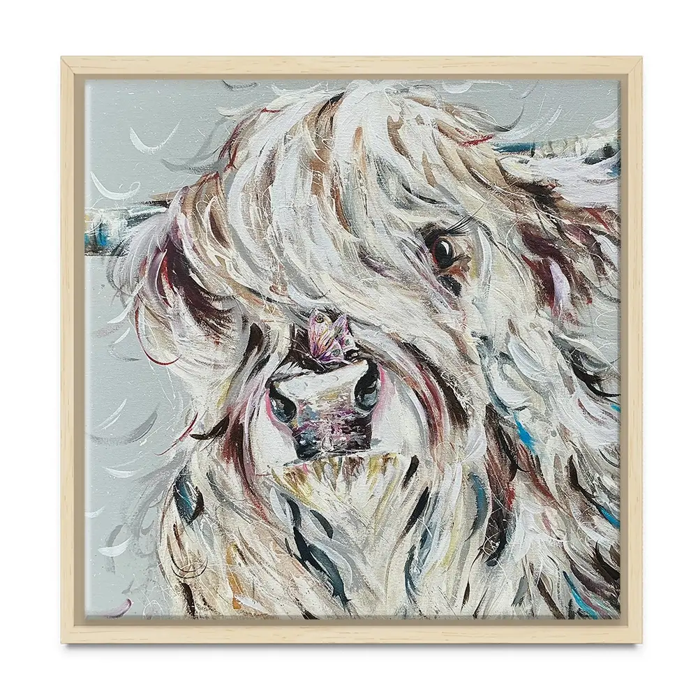 Highland Cow And Butterfly Square Canvas Print Highland Cow And Butterfly Square Canvas Print wall art product Nicola Jane Rowles