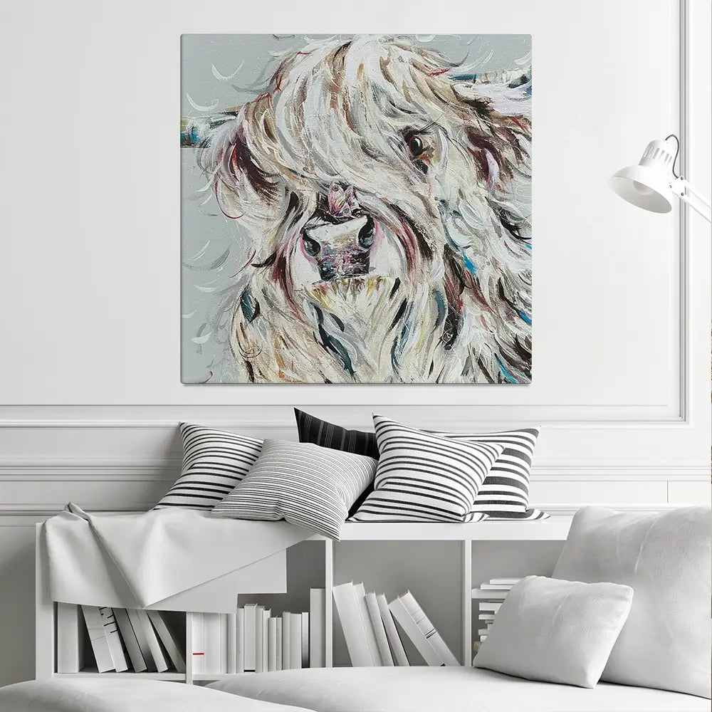 Highland Cow And Butterfly Square Canvas Print Highland Cow And Butterfly Square Canvas Print wall art product Nicola Jane Rowles