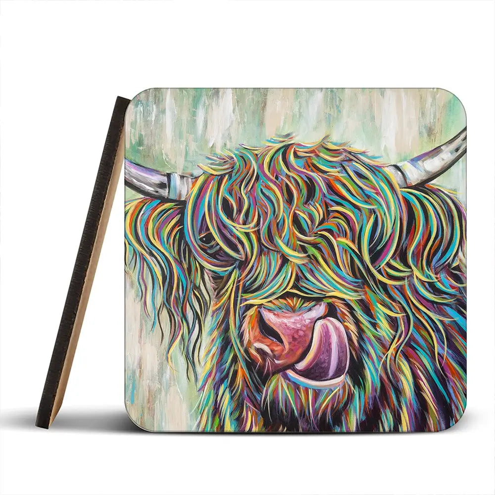 Highland Cow Licking Coaster Set Highland Cow Licking Coaster Set wall art product Art Print Shop