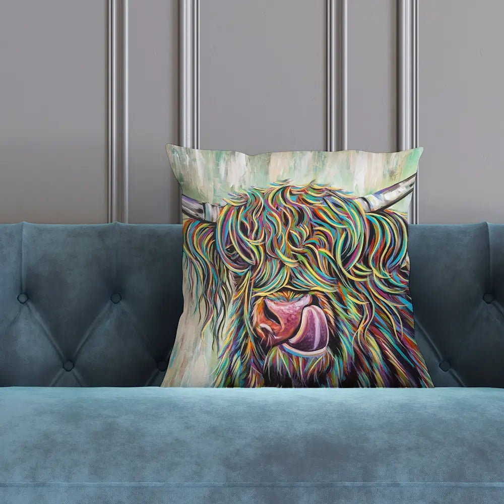 Highland Cow Licking Cushion Highland Cow Licking Cushion wall art product Art Print Shop