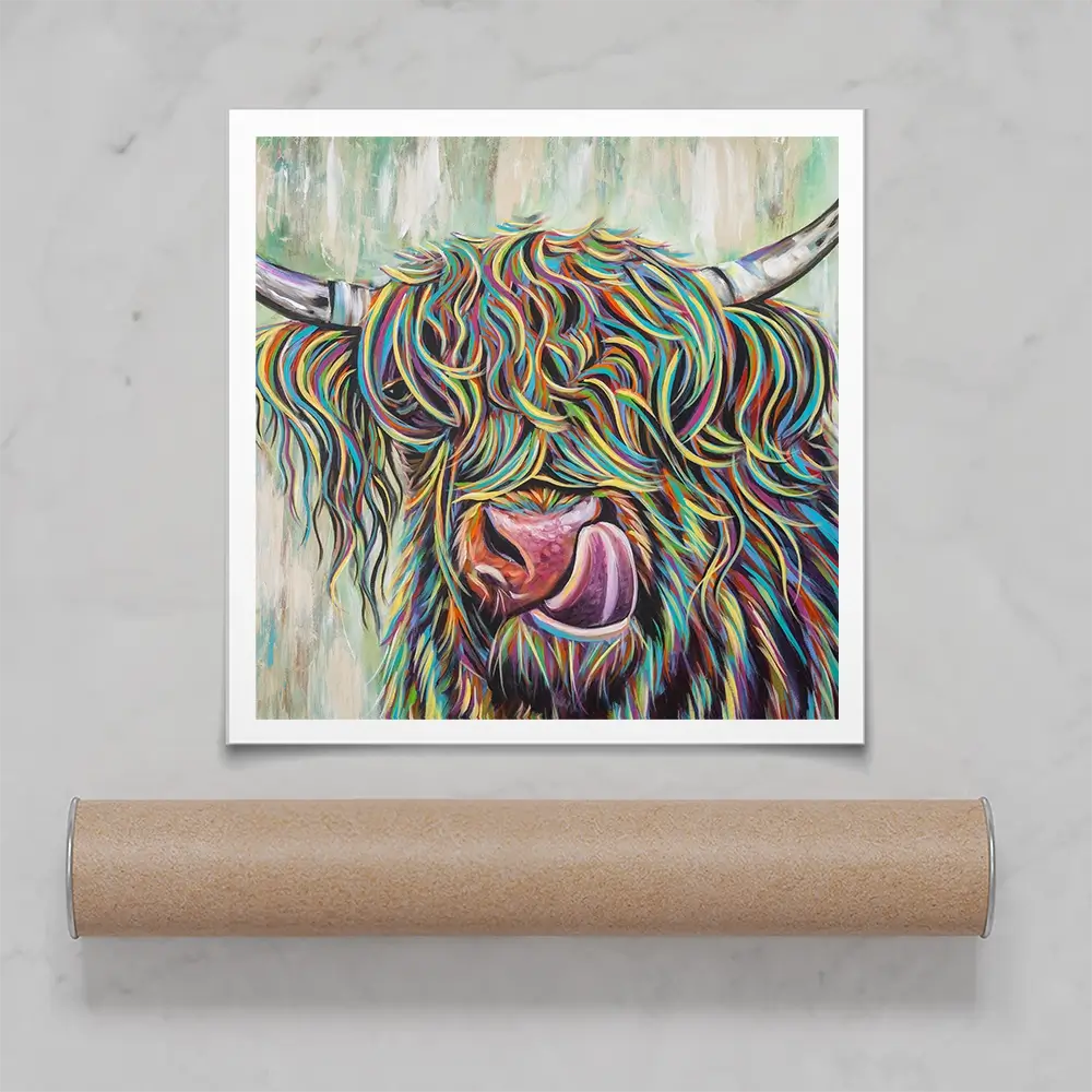 Highland Cow Licking Square Art Print Highland Cow Licking Square Art Print wall art product Art Print Shop