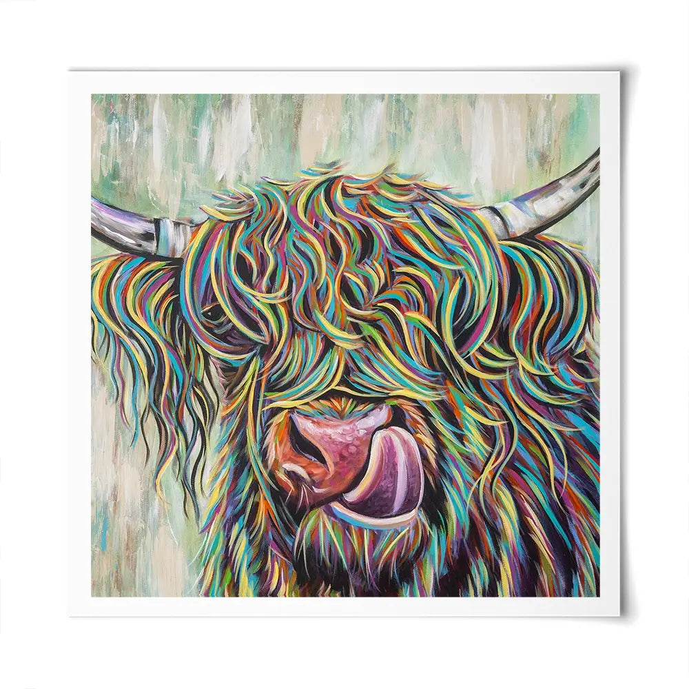 Highland Cow Licking Square Art Print Highland Cow Licking Square Art Print wall art product Art Print Shop