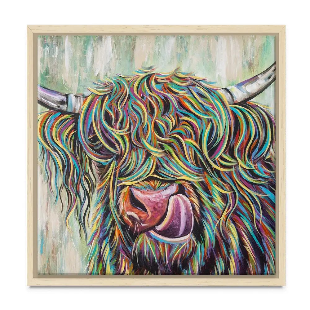 Highland Cow Licking Square Canvas Print Highland Cow Licking Square Canvas Print wall art product Art Print Shop