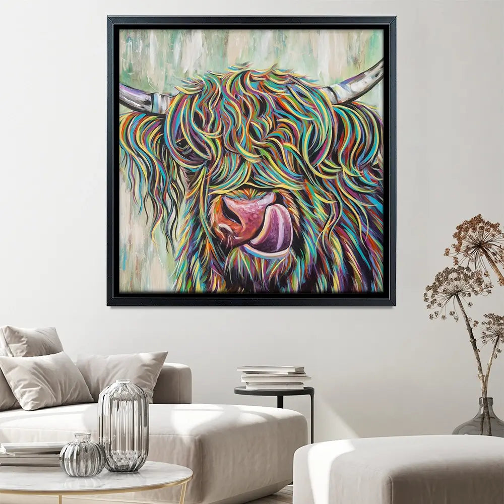 Highland Cow Licking Square Canvas Print Highland Cow Licking Square Canvas Print wall art product Art Print Shop