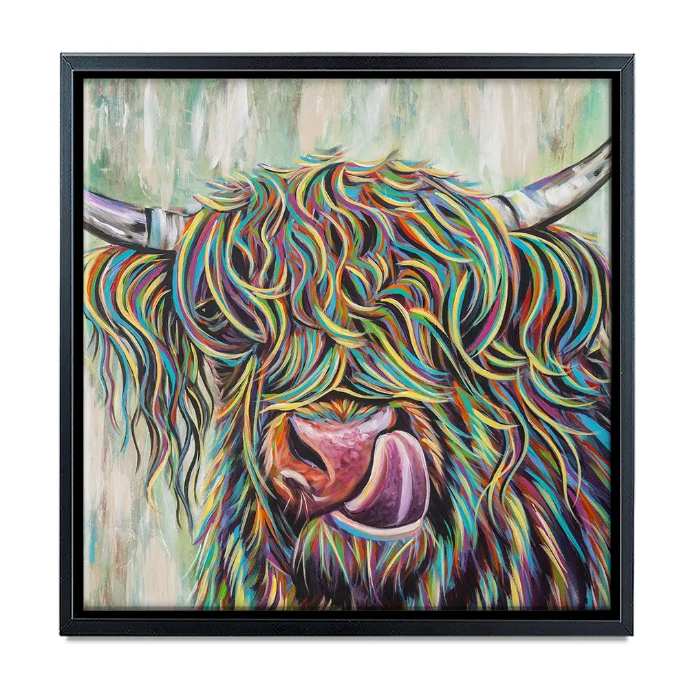 Highland Cow Licking Square Canvas Print Highland Cow Licking Square Canvas Print wall art product Art Print Shop