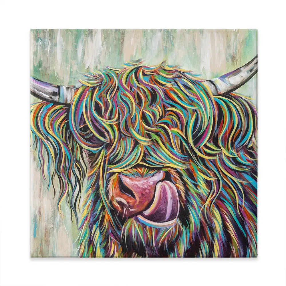 Highland Cow Licking Square Canvas Print Highland Cow Licking Square Canvas Print wall art product Art Print Shop