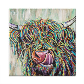 Highland Cow Licking Square Canvas Print Highland Cow Licking Square Canvas Print wall art product Art Print Shop
