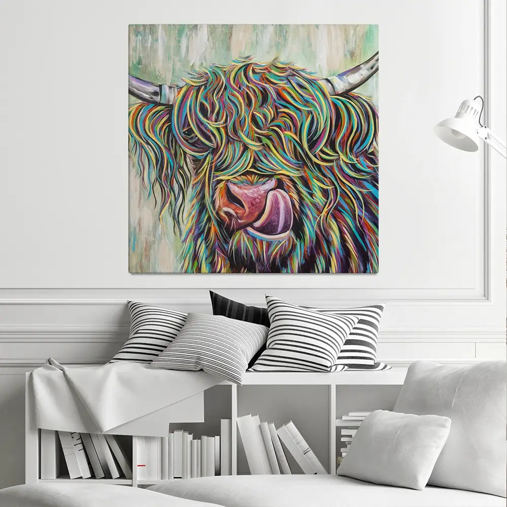 Highland Cow Licking Square Canvas Print Highland Cow Licking Square Canvas Print wall art product Art Print Shop