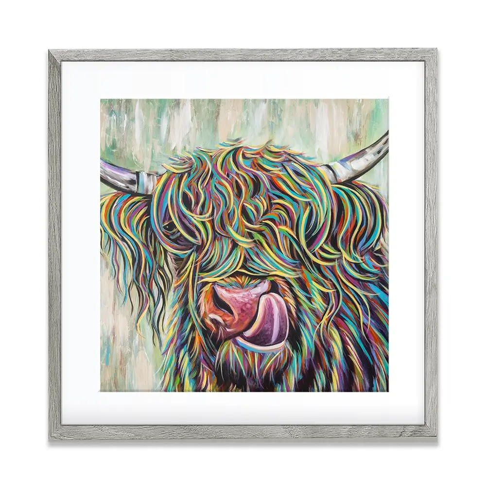 Highland Cow Licking Square Framed Art Print Highland Cow Licking Square Framed Art Print wall art product Art Print Shop