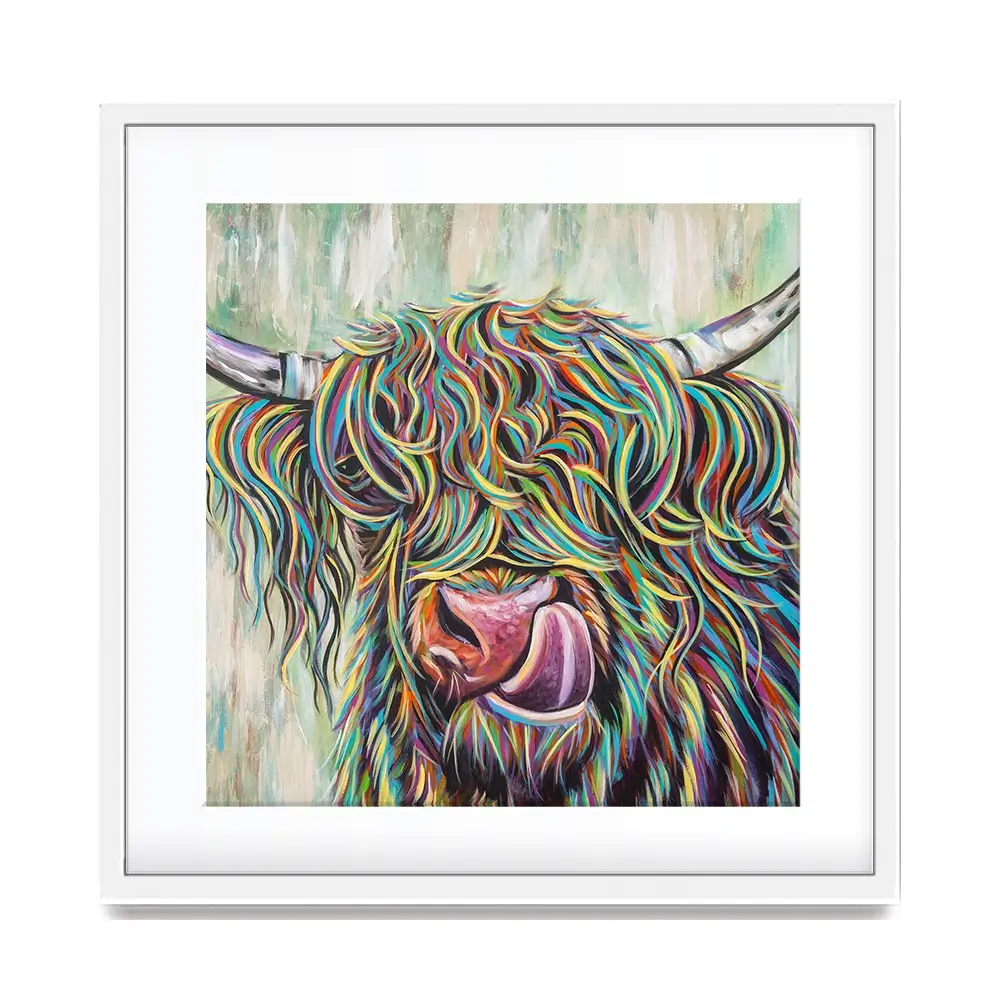 Highland Cow Licking Square Framed Art Print Highland Cow Licking Square Framed Art Print wall art product Art Print Shop