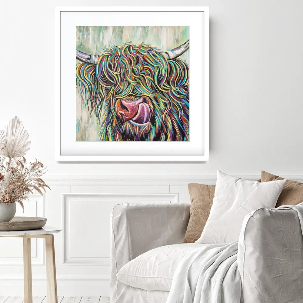 Highland Cow Licking Square Framed Art Print Highland Cow Licking Square Framed Art Print wall art product Art Print Shop