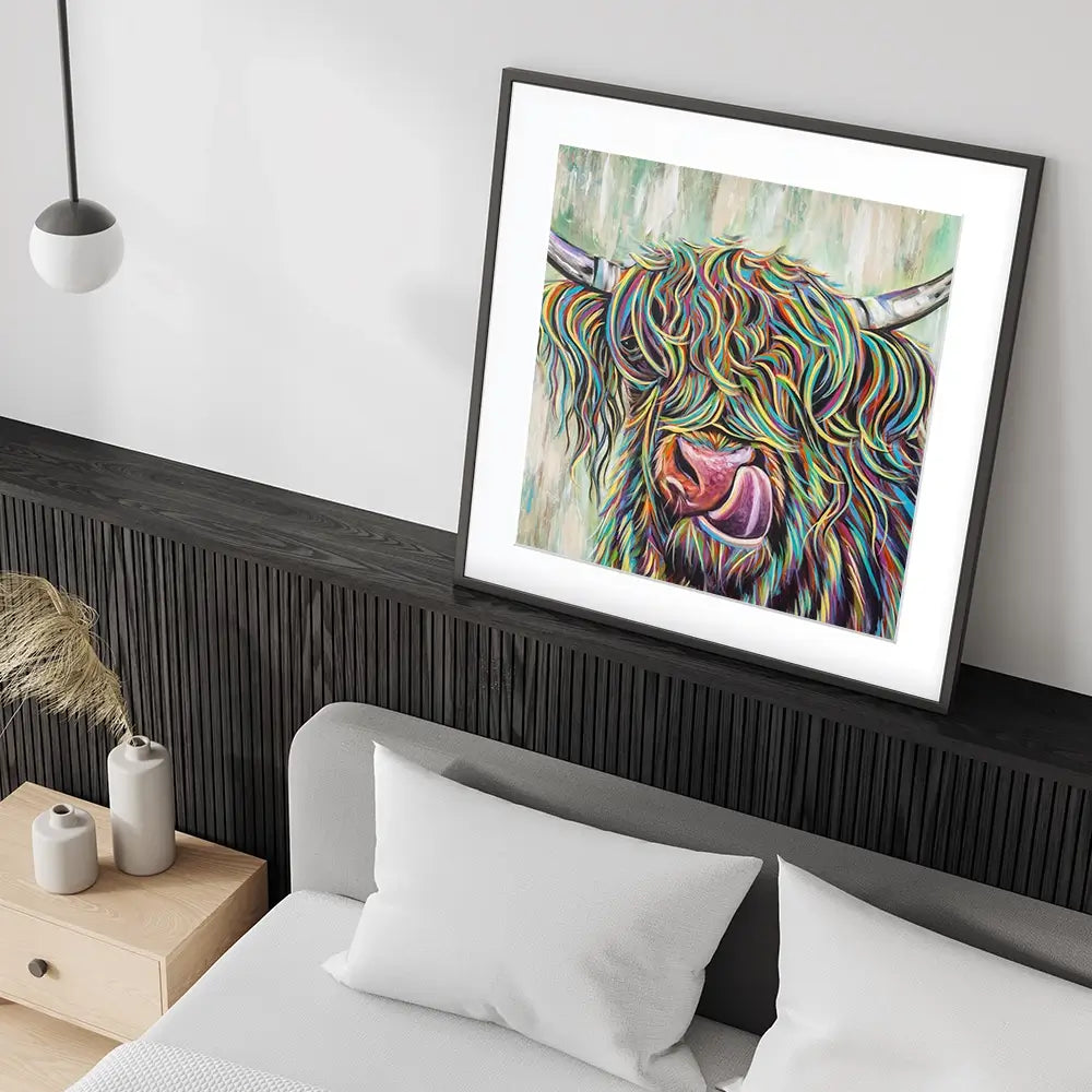 Highland Cow Licking Square Framed Art Print Highland Cow Licking Square Framed Art Print wall art product Art Print Shop