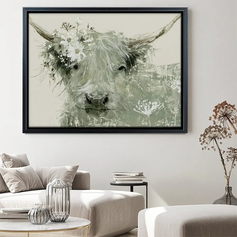 Highland Cow With Flower Crown Canvas Print Highland Cow With Flower Crown Canvas Print wall art product Chromatic Storm Studio