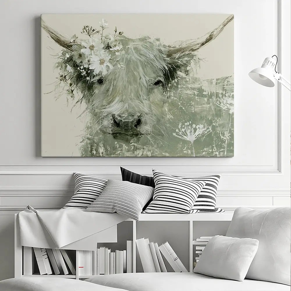 Highland Cow With Flower Crown Canvas Print Highland Cow With Flower Crown Canvas Print wall art product Chromatic Storm Studio