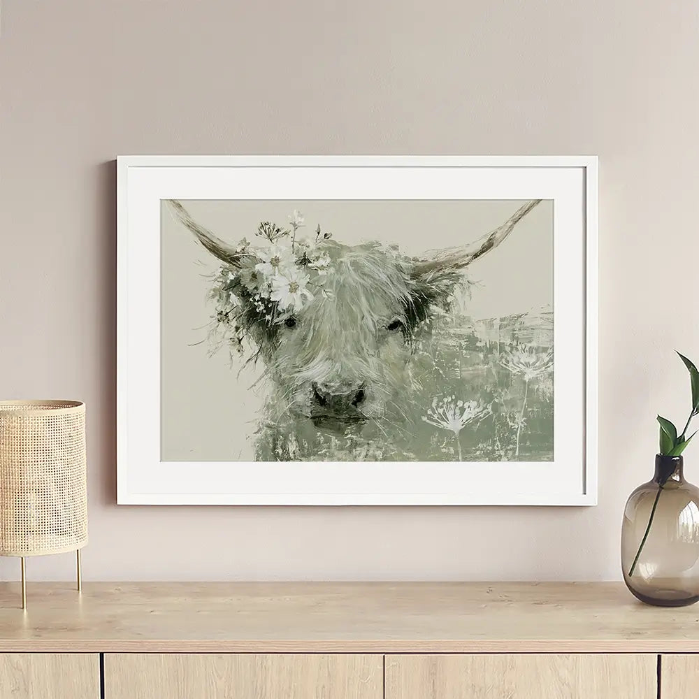 Highland Cow With Flower Crown Framed Art Print Highland Cow With Flower Crown Framed Art Print wall art product Chromatic Storm Studio