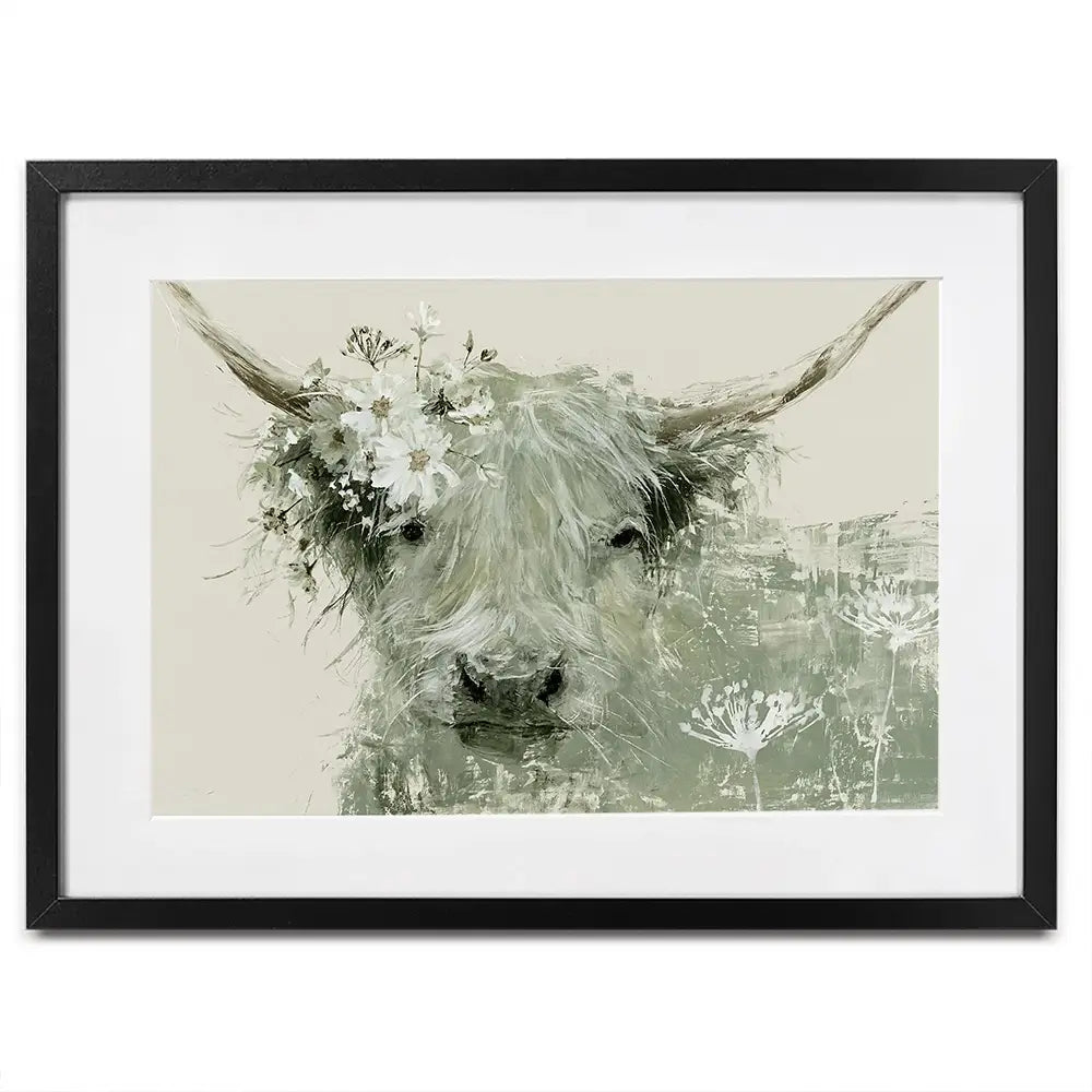 Highland Cow With Flower Crown Framed Art Print Highland Cow With Flower Crown Framed Art Print wall art product Chromatic Storm Studio