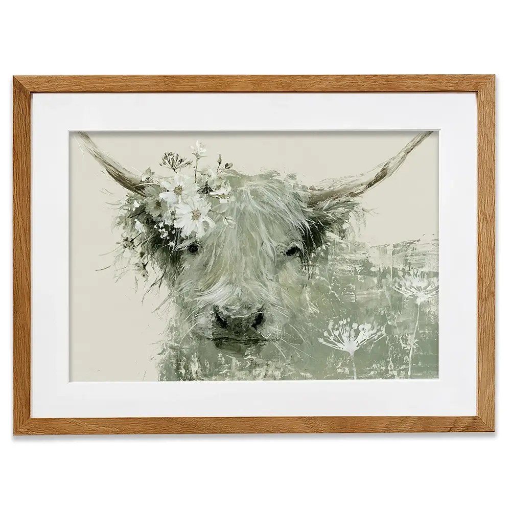 Highland Cow With Flower Crown Framed Art Print Highland Cow With Flower Crown Framed Art Print wall art product Chromatic Storm Studio