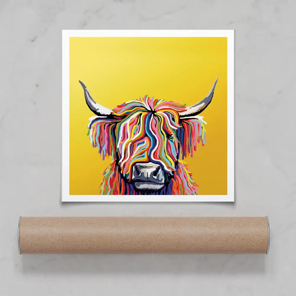 Highland Cow Yellow Square Art Print Highland Cow Yellow Square Art Print wall art product Independent
