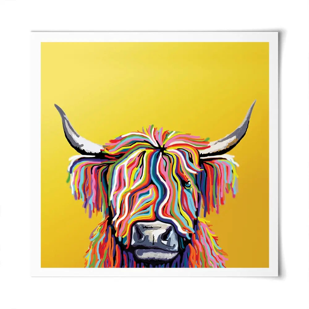Highland Cow Yellow Square Art Print Highland Cow Yellow Square Art Print wall art product Independent