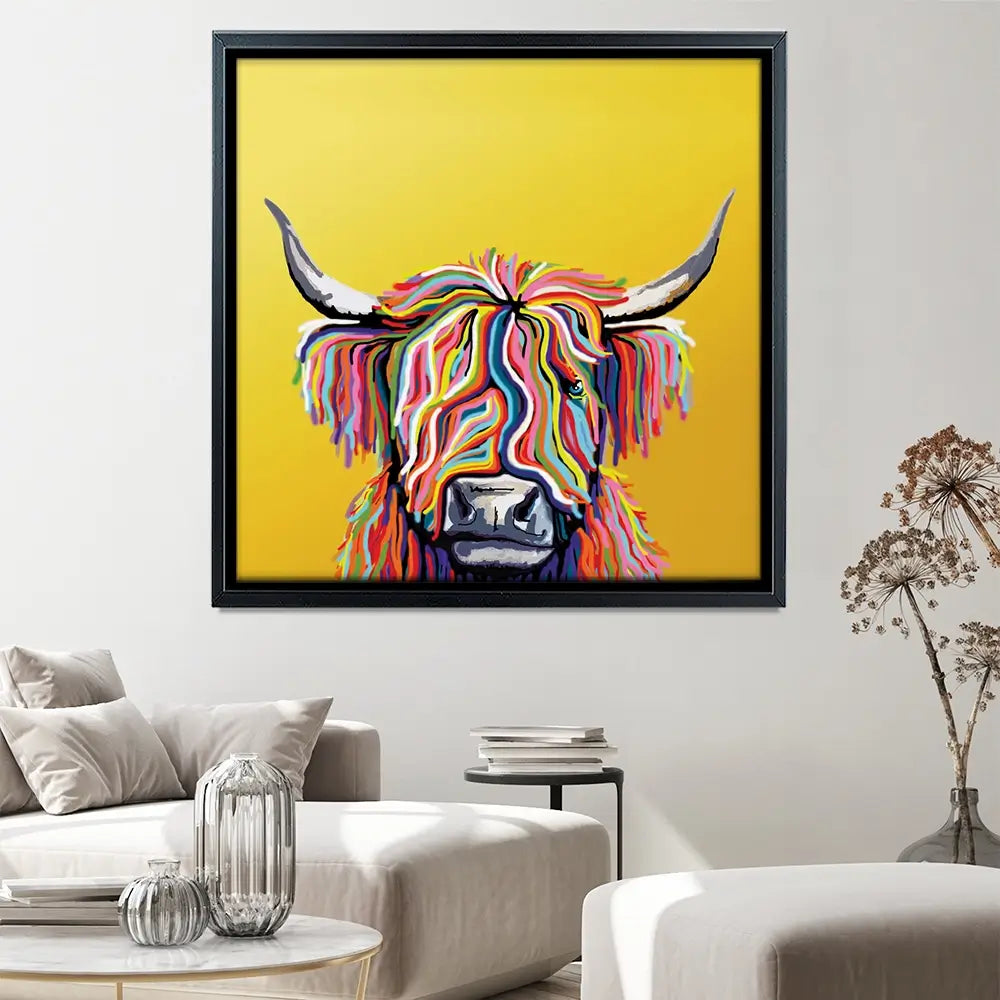 Highland Cow Yellow Square Canvas Print Highland Cow Yellow Square Canvas Print | Highland Cow Yellow Square Artwork wall art product Independent