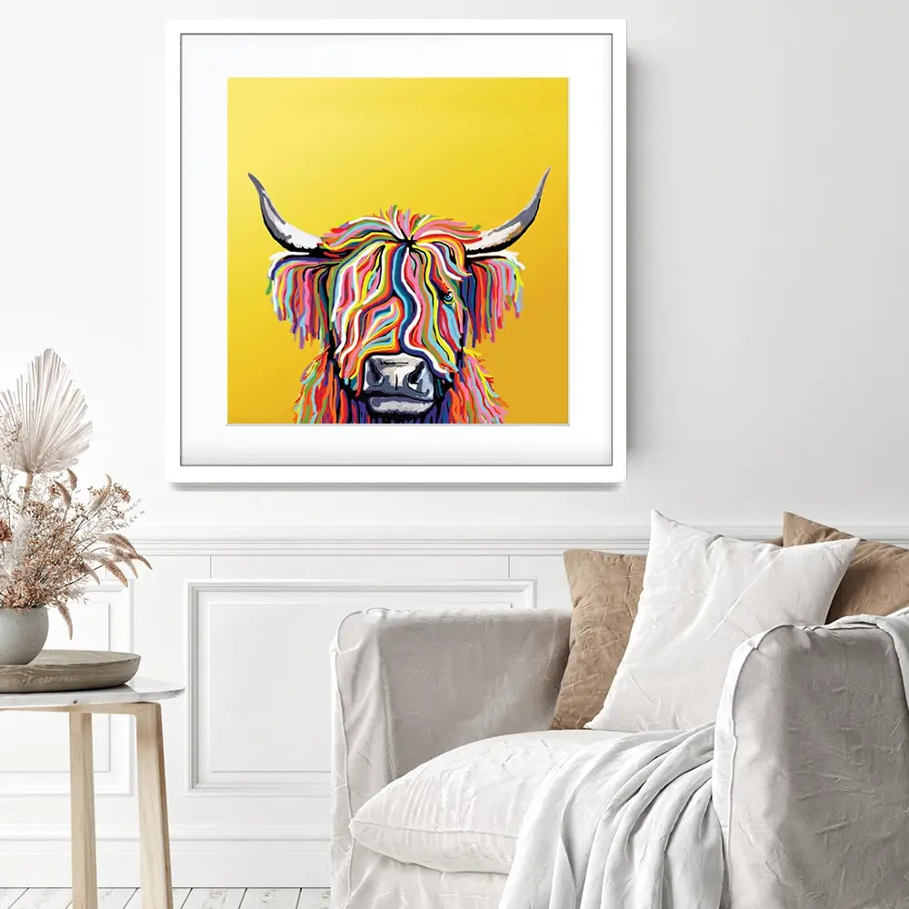 Highland Cow Yellow Square Framed Art Print Highland Cow Yellow Square Framed Art Print wall art product Independent
