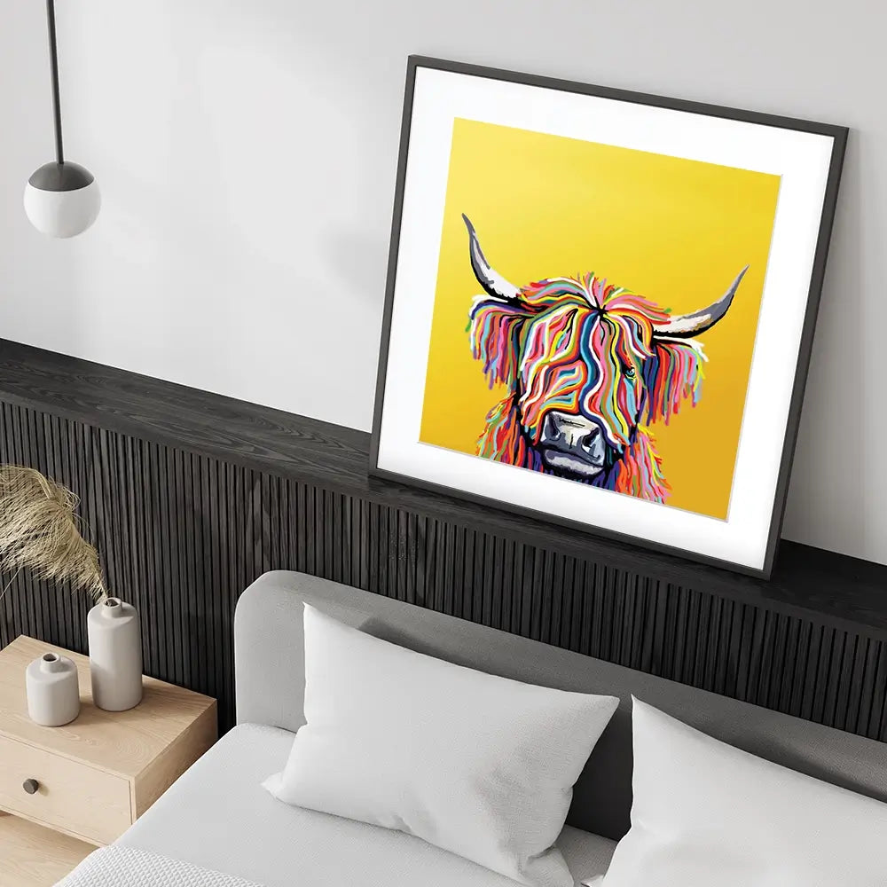 Highland Cow Yellow Square Framed Art Print Highland Cow Yellow Square Framed Art Print wall art product Independent
