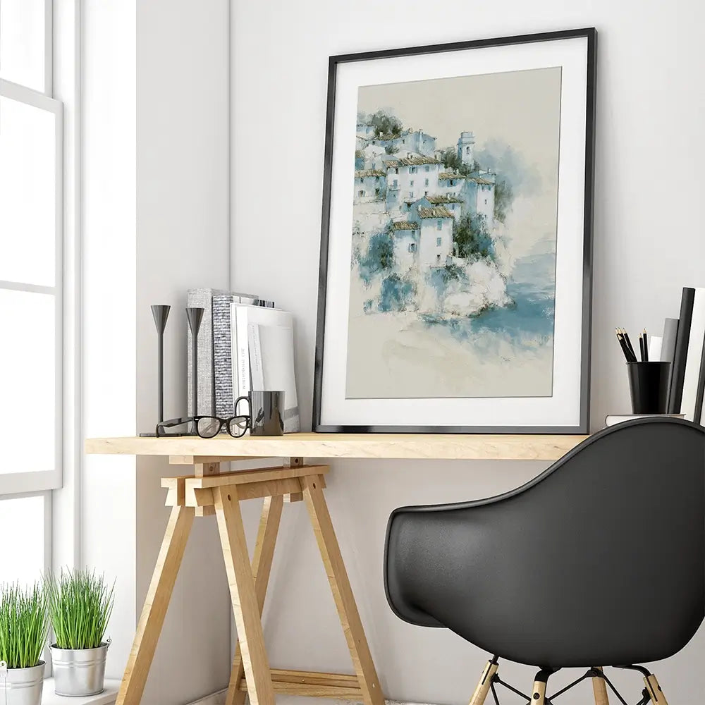 Hillside Village Above Sea Framed Art Print Hillside Village Above Sea Framed Art Print wall art product Chromatic Storm Studio