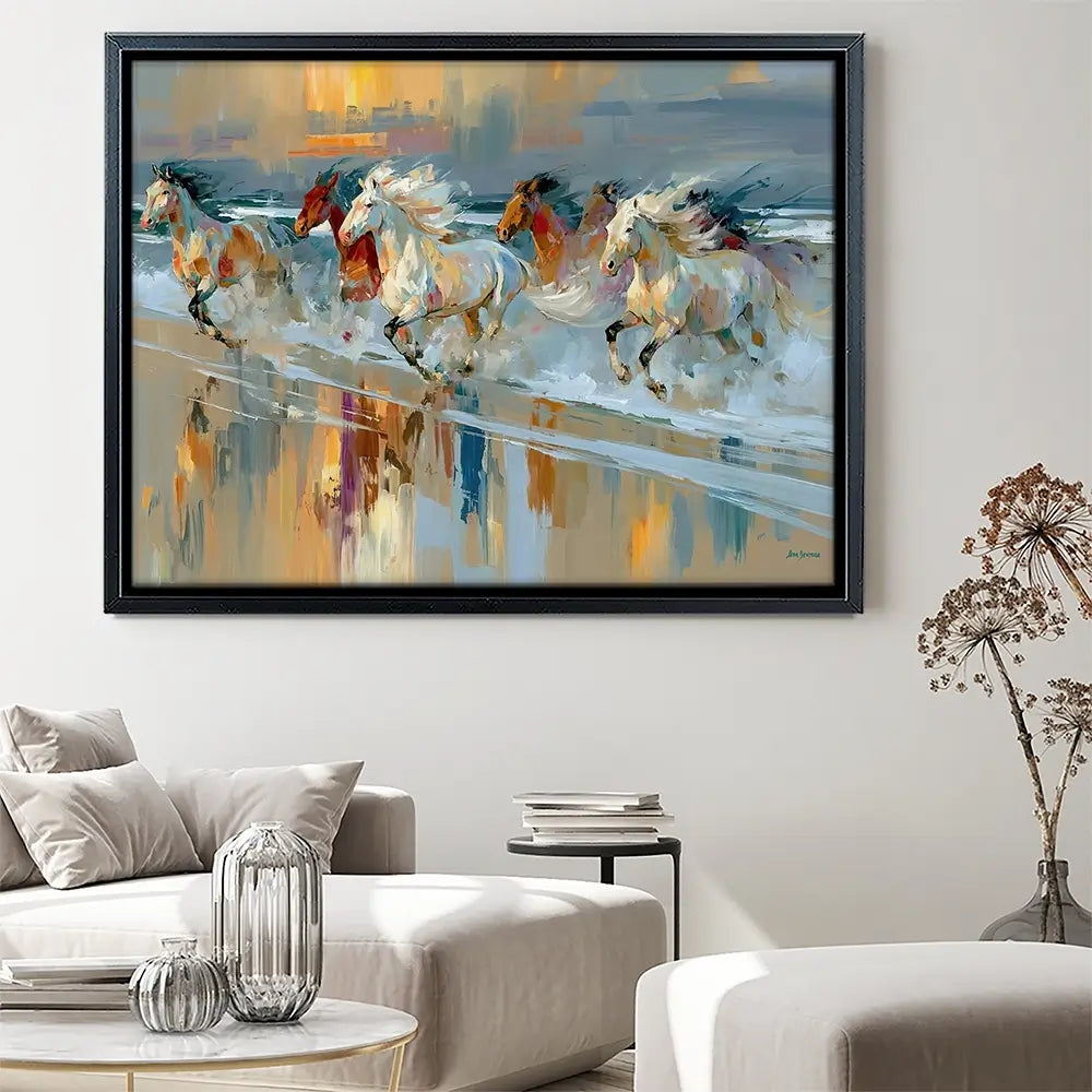 Horses Galloping On The Beach At Sunset Canvas Print Horses Galloping On The Beach At Sunset Canvas Print wall art product Leon Devenice
